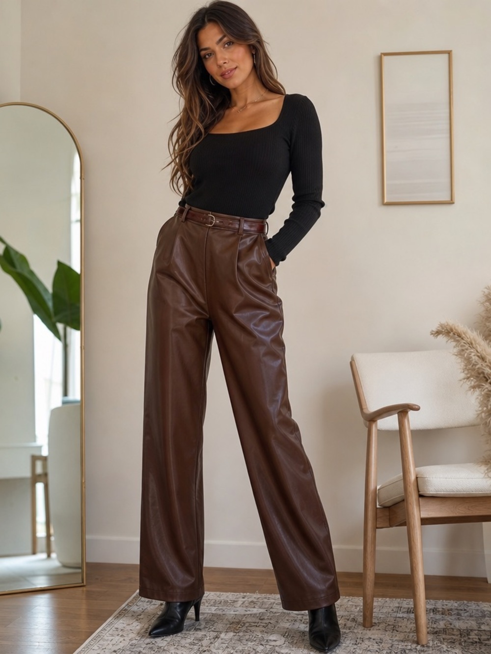 Marc New York Andrew Marc Brown Faux Leather Wide Leg Pants Belted Size 6 Gold